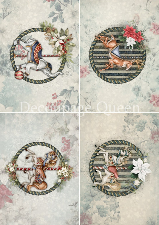 Decoupage Queen, Rice Paper, 2024 Winter Release, Dainty and the Queen, Jolly, Carousel Rounds, Christmas, Ornaments, Horses, Elephant, A4 8.3" X 11.7"