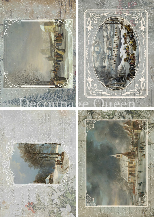 Decoupage Queen, Rice Paper, 2024 Winter Release, Dainty, Christmas, Postcards, Vintage Style, Snow, Squares, Landscapes, A4 8.3" X 11.7"