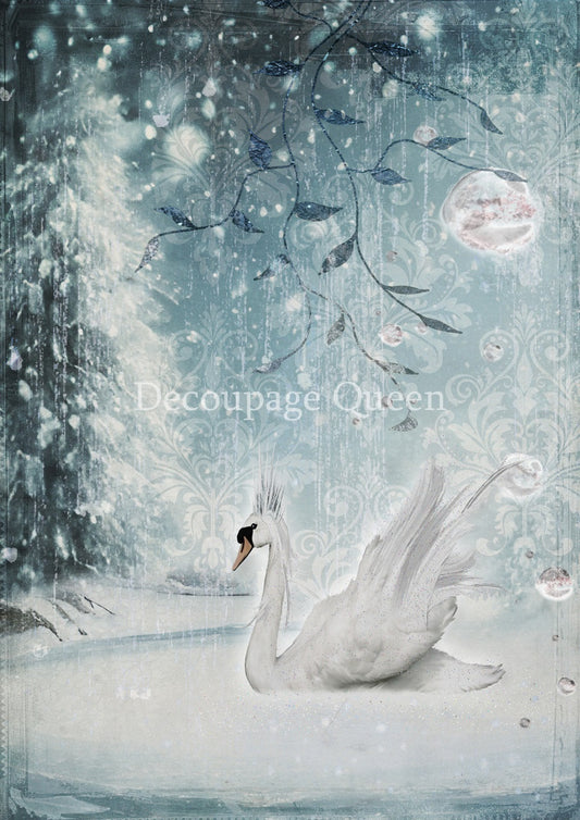 Decoupage Queen, Rice Paper, 2024 Winter Release, Snow,  Majestic Winter, White Swan, Blue, Snow, Ice, Scene, A4