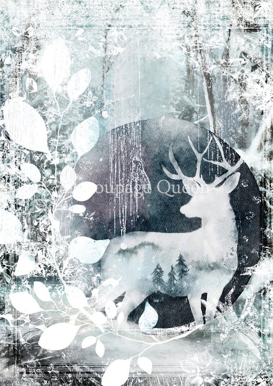 Decoupage Queen, Rice Paper, 2024 Winter Release, Snow, Stag, Deer, Blue, Snow, Ice, Scene, A4