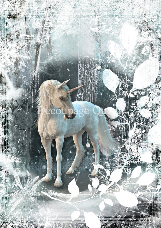 Decoupage Queen, Rice Paper, 2024 Winter Release, Snow, Unicorn, Deer, Blue, Snow, Ice, Scene, A4