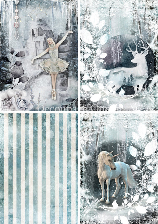 Decoupage Queen, Rice Paper, 2024 Winter Release, Snow, Unicorn, Squares, Scenes, Blue, Snow, Ice, Stag, Blue and White, A4