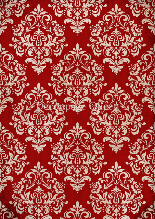 Decoupage Queen, Rice Paper, 2024 Winter Release, Vintage Style, Christmas, Red, Cream, Damask, Background, Wallpaper, Vintage Style, A4
