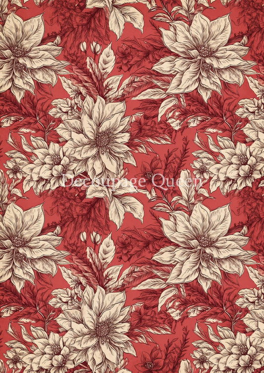 Decoupage Queen, Rice Paper, 2024 Winter Release, Vintage Style, Christmas, Red, Cream, Poinsettia, Background, Wallpaper, Vintage Style, A4