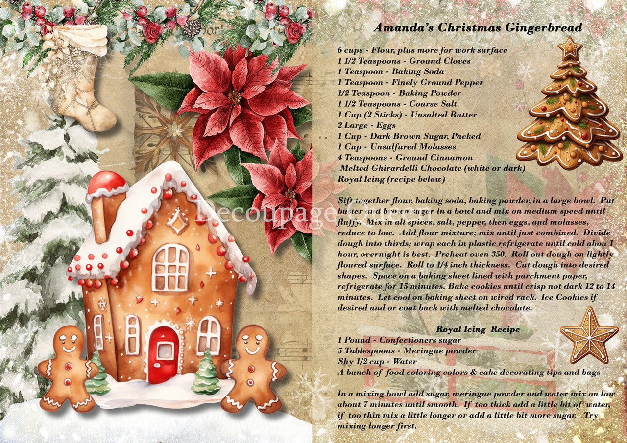 Decoupage Queen, Rice Paper, 2024 Winter Release, Shabby, Vintage Style, Weathered, Amanda's Gingerbread Recipe, House, A4 8.3" x 11.7"