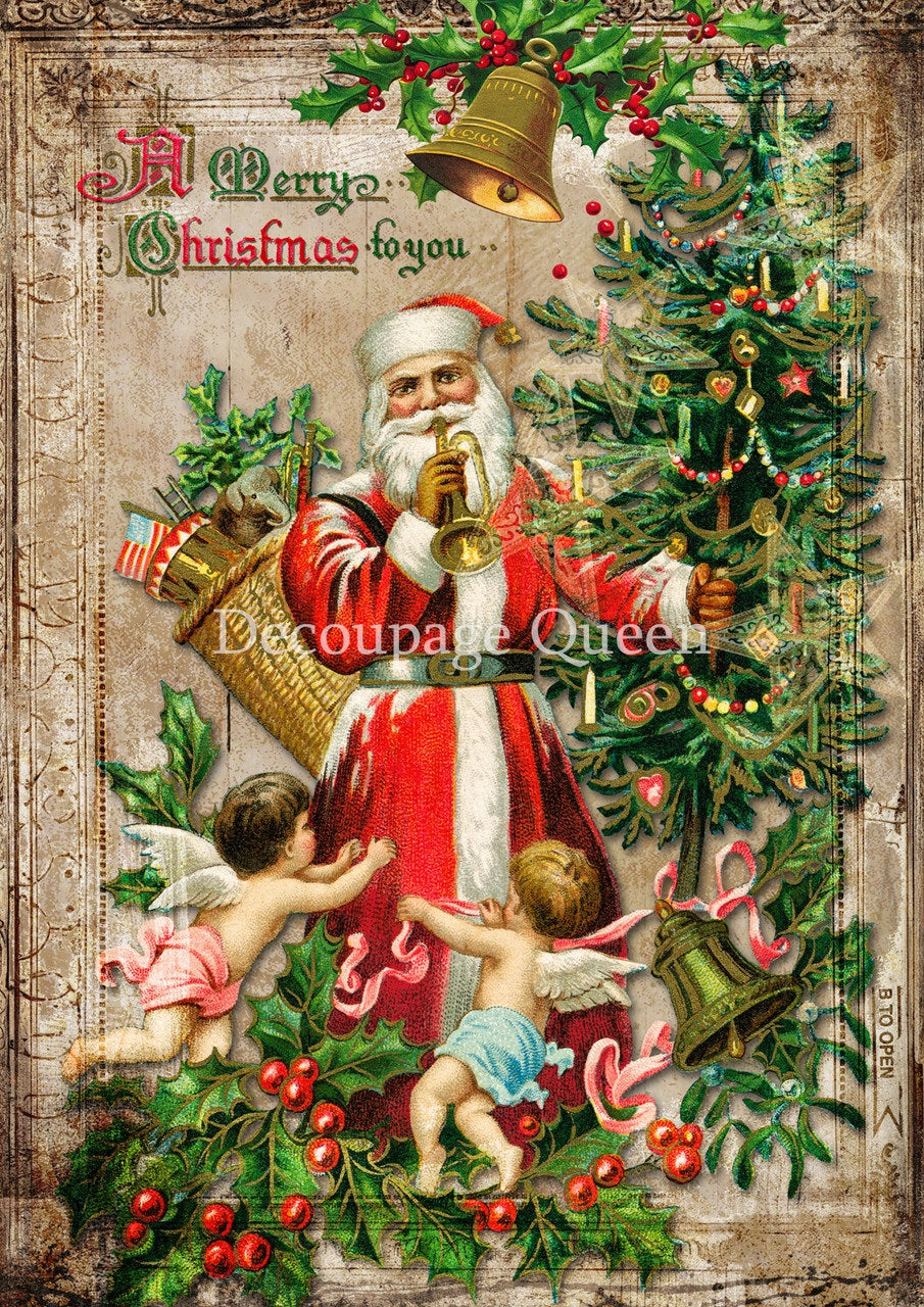 Decoupage Queen, Rice Paper, 2024 Winter Release, Vintage Style, A Merry Christmas to You, Santa Claus, Nostalgic Reproduction, Tree, A4