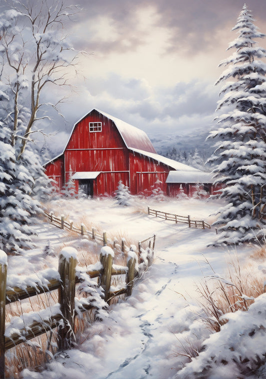 Reba Rose Creations, Rice Paper for Decoupage, Mixed Media, Red Barn, Winter, Country, Landscape, Farm, 0759,  A4 8.27 X 11.6