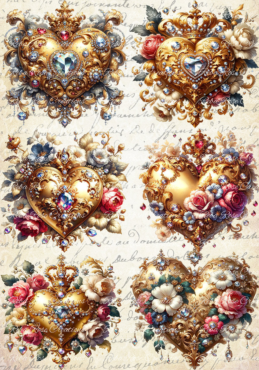 Reba Rose Creations, Rice Paper for Decoupage, Mixed Media, Jeweled Hearts, Squares, Valentine, A4 8.27 X 11.6