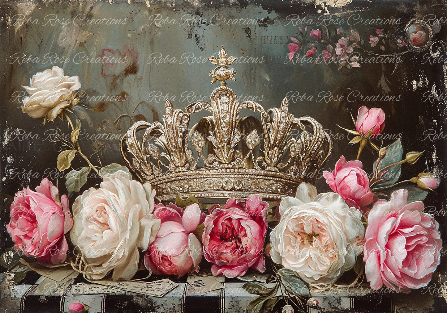 Reba Rose Creations, Rice Paper, Decoupage, Mixed Media, Crown, Jewel, Pink, White, Roses, Shabby Chic, 830, A4 8.27 X 11.6