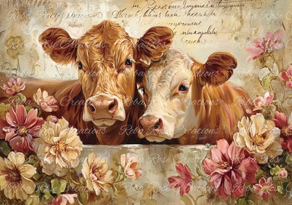 Reba Rose Creations, Rice Paper for Decoupage, Mixed Media, Cows, Country, Roses, Shabby Chic, 0877,  A4 8.27 X 11.6 Reba Rose