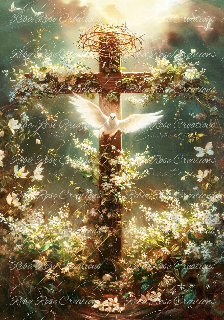 Reba Rose Creations, Rice Paper for Decoupage, Mixed Media, Easter, Cross, Dove, He has risen, A4 8.27 X 11.6