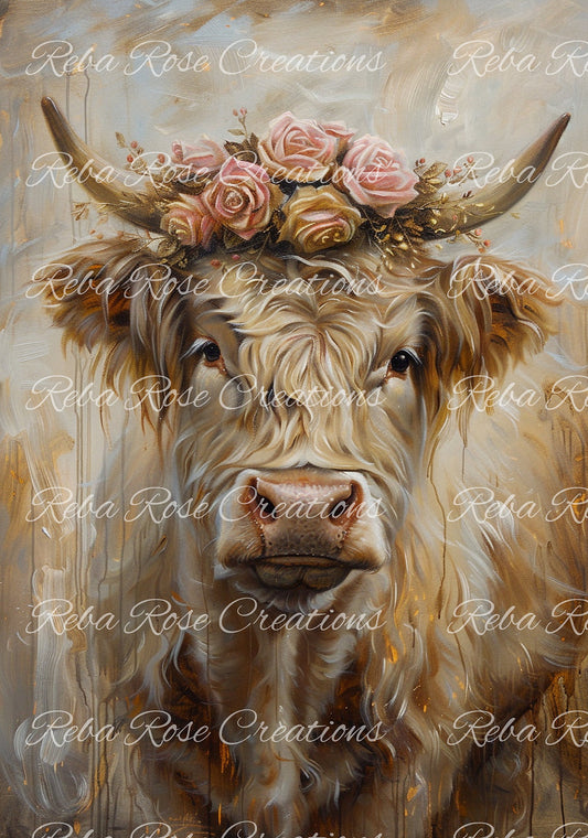 Reba Rose Creations, Rice Paper for Decoupage, Mixed Media, Highlander, Cow, Country, Roses, Shabby Chic, 1025,  A4 8.27 X 11.6