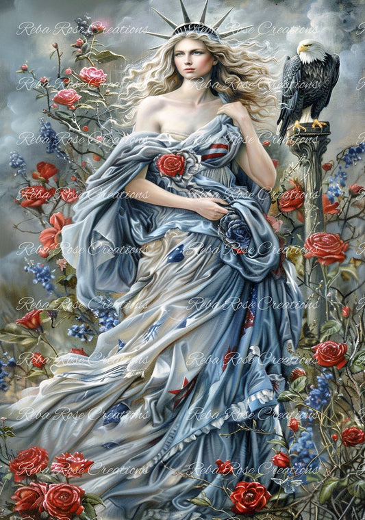 Reba Rose Creations, Rice Paper, Decoupage, Mixed Media, Red, White, Blue, Patriotic, Lady Liberty, Shabby Chic, 1075, A4 8.27 X 11.6