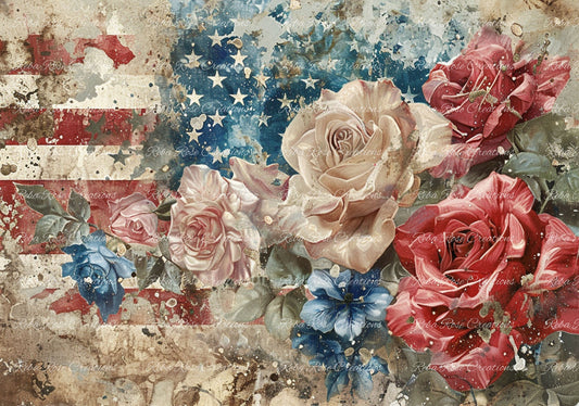 Reba Rose Creations, Rice Paper, Decoupage, Mixed Media, Red, White, Blue, Patriotic, Bald Eagle, Roses, Shabby Chic, 1079, A4 8.27 X 11.6