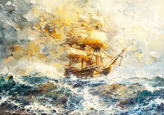 Reba Rose Creations, Rice Paper for Decoupage, Mixed Media, Pirate Ship, Sea, Ocean, Painting Texture, 1105, A4 8.27 X 11.6