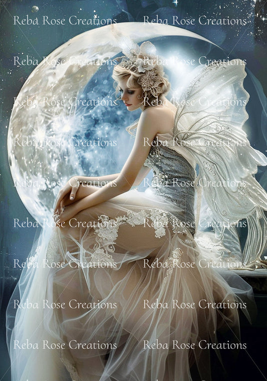 Reba Rose Creations, Rice Paper for Decoupage, Mixed Media, Heavenly, Moon Fairy, Shabby Chic, 1156,  A4 8.27 X 11.6