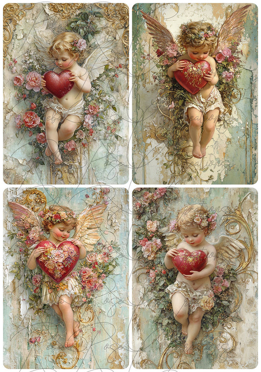 Reba Rose Creations, Rice Paper for Decoupage, Mixed Media, Valentine, Cupids, Roses, Angels, A4 8.27 X 11.6