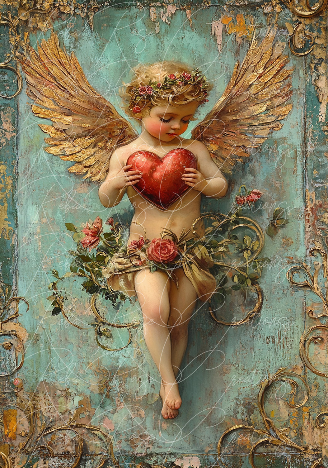 Reba Rose Creations, Rice Paper, Decoupage, Mixed Media, Vintage Style, Cupid, Angel, Heart, Antique Style, Shabby Chic, 1479 A4 8.27 X 11.6