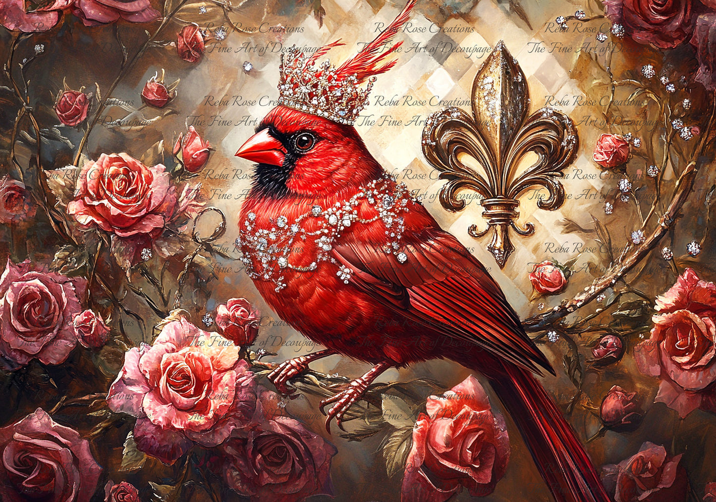 Reba Rose Creations, Rice Paper for Decoupage, Mixed Media, Cardinal, Crown, Flowers, Roses, Shabby Chic, Fleur De Lis, 1529, A4 8.27 X 11.6