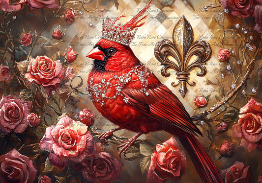 Reba Rose Creations, Rice Paper for Decoupage, Mixed Media, Cardinal, Crown, Flowers, Roses, Shabby Chic, Fleur De Lis, 1529, A4 8.27 X 11.6
