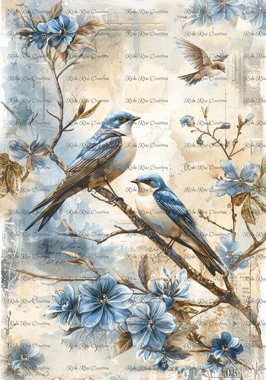 Reba Rose Creations, Rice Paper for Decoupage, Mixed Media, Blue, Birds, Flowers, Shabby Chic, 1544, A4 8.27 X 11.6