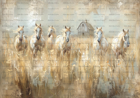 Reba Rose Creations, Rice Paper for Decoupage, Mixed Media, Herd White Horses, Meadow, Country, Roses, Shabby Chic, 1565,  A4 8.27 X 11.6