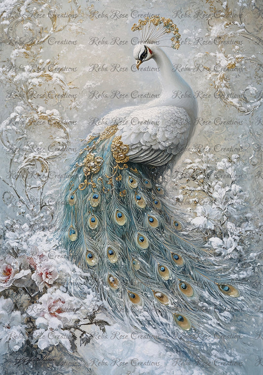 Reba Rose Creations, Rice Paper for Decoupage, Mixed Media, Winter, White Peacock, Flowers, Shabby Chic, Vintage Style, 1568 A4 8.27 X 11.6