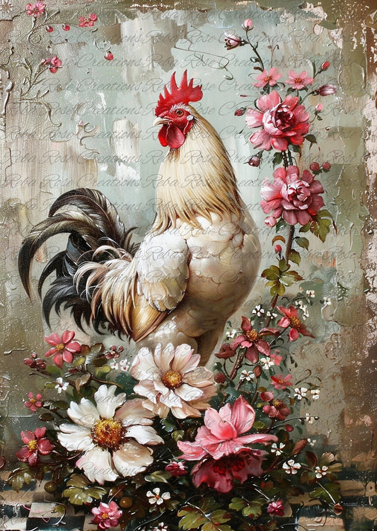 Reba Rose Creations, Rice Paper for Decoupage, Mixed Media, French, Rooster, Flowers, Shabby Chic, Vintage Style, 1641, A4 8.27 X 11.6