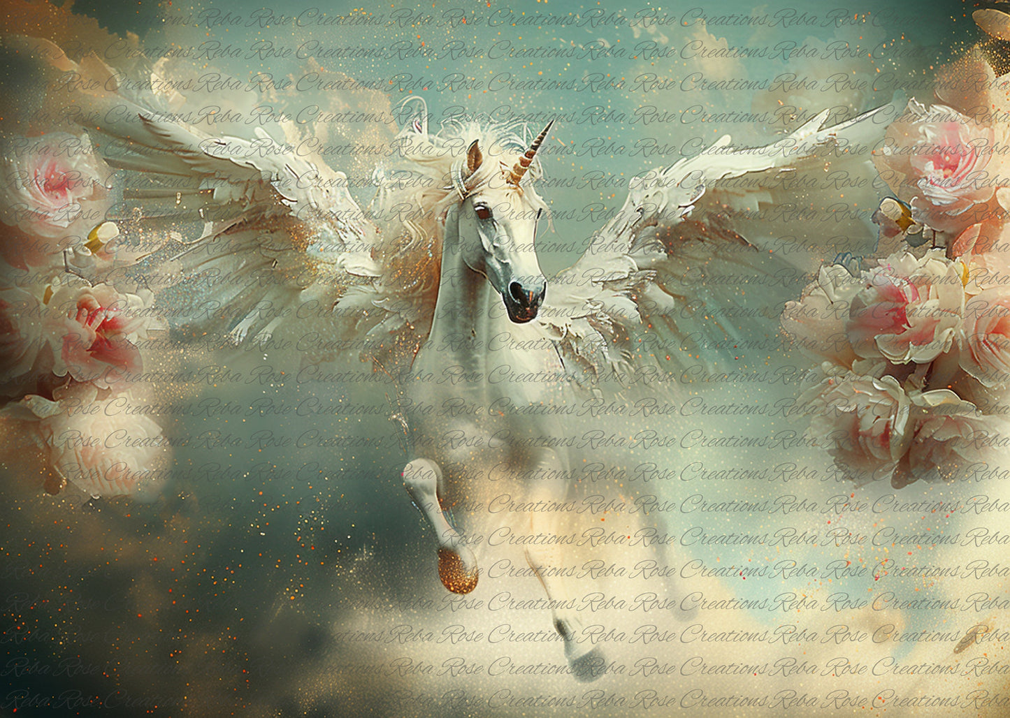 Reba Rose Creations, Rice Paper, Decoupage, Mixed Media, Alicorn, White, Pegasus, Winged Horse, Shabby Chic, 1658, A4 8.27 X 11.6
