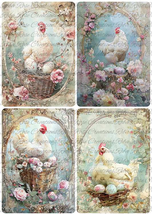 Reba Rose Creations, Rice Paper for Decoupage, Mixed Media, Easter, Chickens, Eggs, Baskets, Shabby Chic, Vintage Style, 1661 A4 8.27 X 11.6