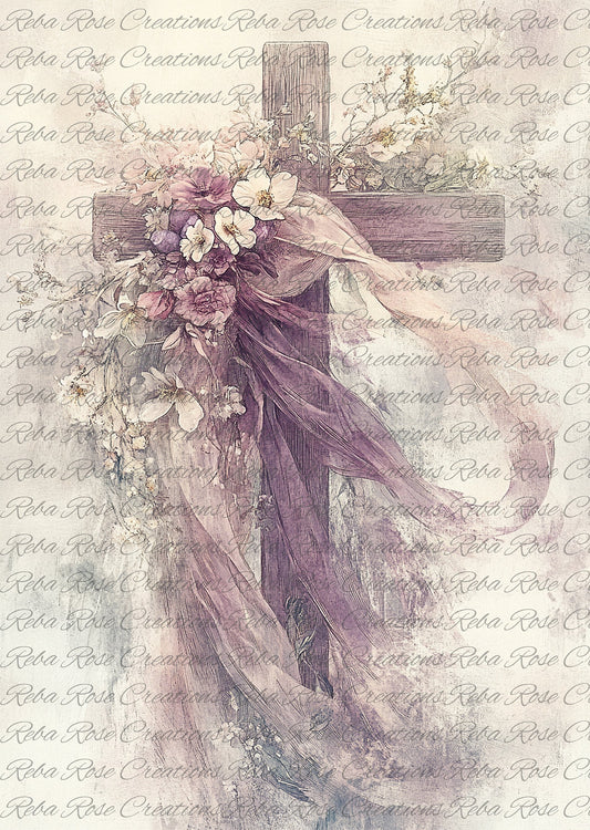 Reba Rose Creations, Rice Paper, Decoupage, Mixed Media, Easter, Purple, Cross, Flowers, Shabby Chic, 1664, A4 8.27 X 11.6
