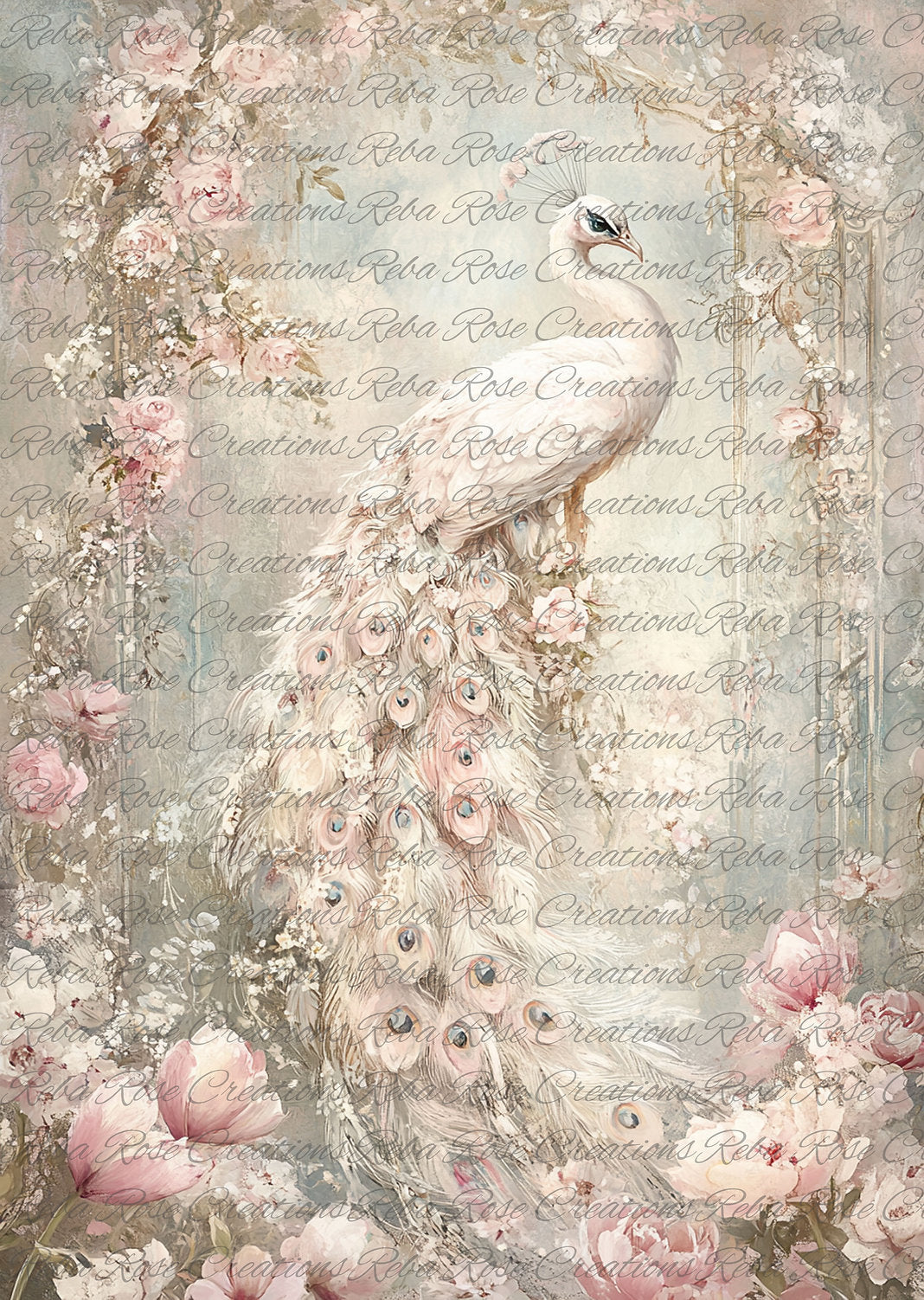 Reba Rose Creations, Rice Paper for Decoupage, Mixed Media, Pink, Peacock, Flowers, Shabby Chic, Vintage Style, 1681 A4 8.27 X 11.6