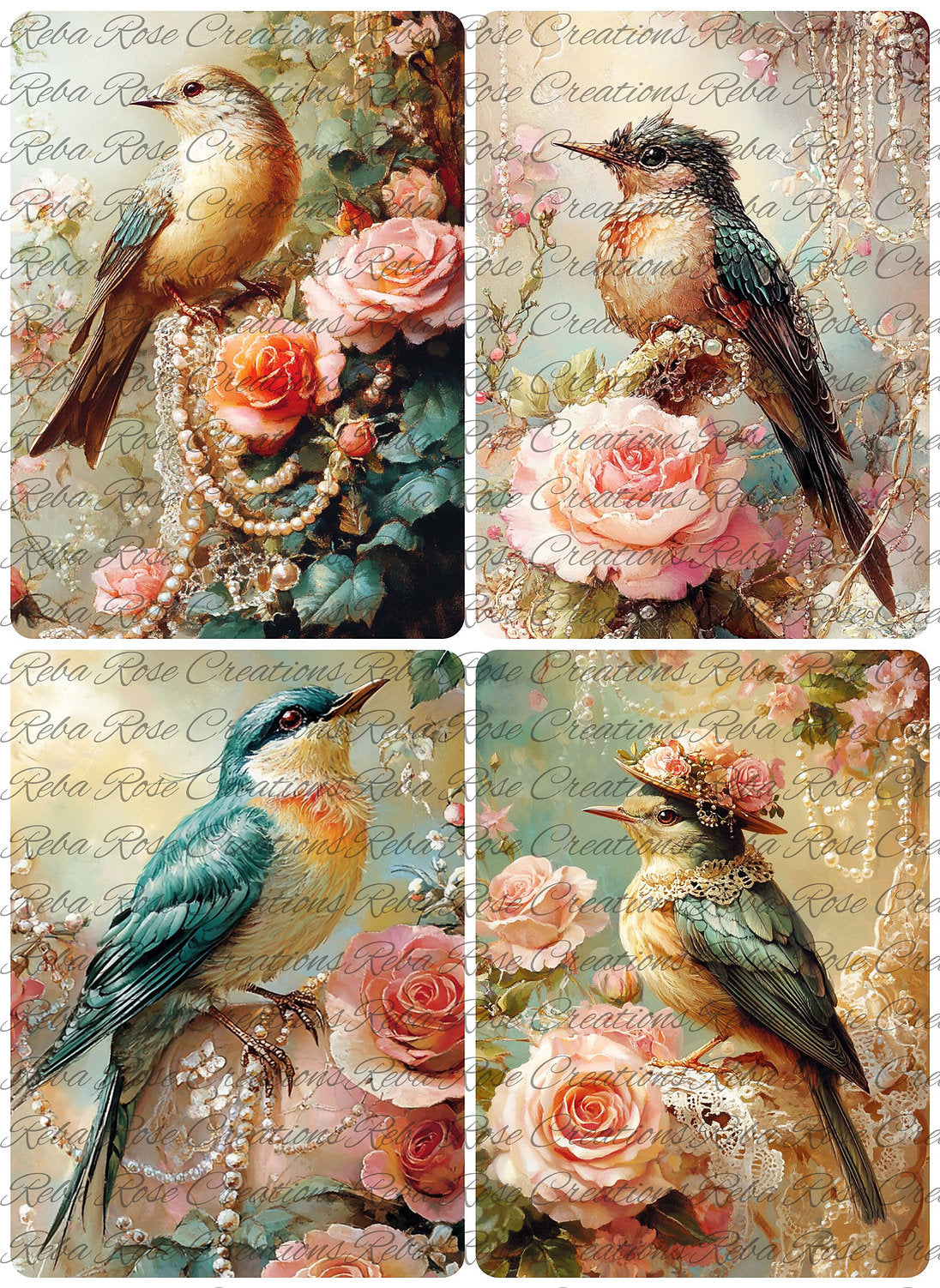 Reba Rose Creations, Rice Paper for Decoupage, Mixed Media, Pink Roses, Birds, Squares, Shabby Chic, Vintage Style, 1737, A4 8.27 X 11.6