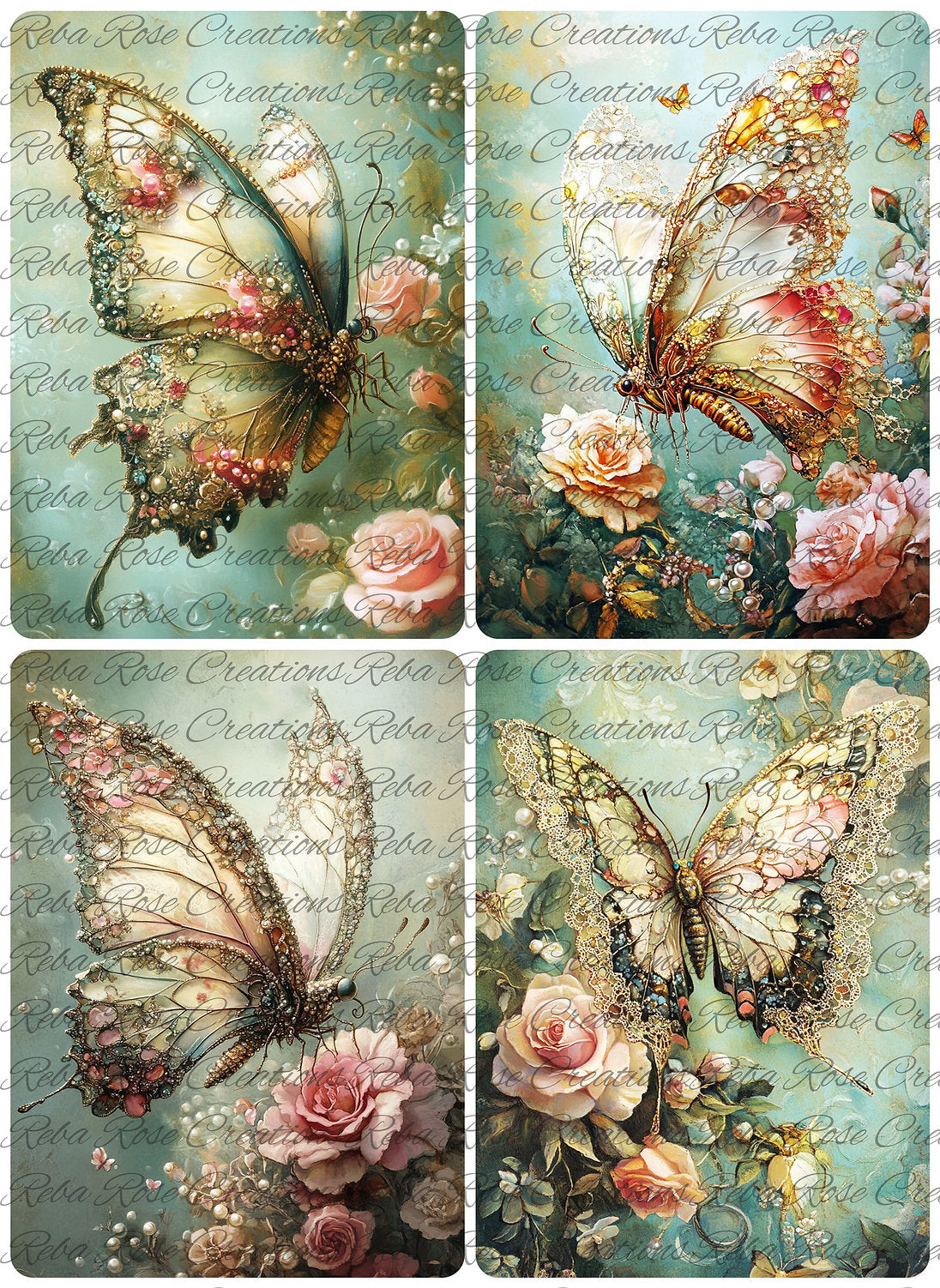Reba Rose Creations, Rice Paper, Decoupage, Mixed Media, Spring, Butterflies, Pink, Roses, Squares, Shabby Chic, 1739, A4 8.27 X 11.6