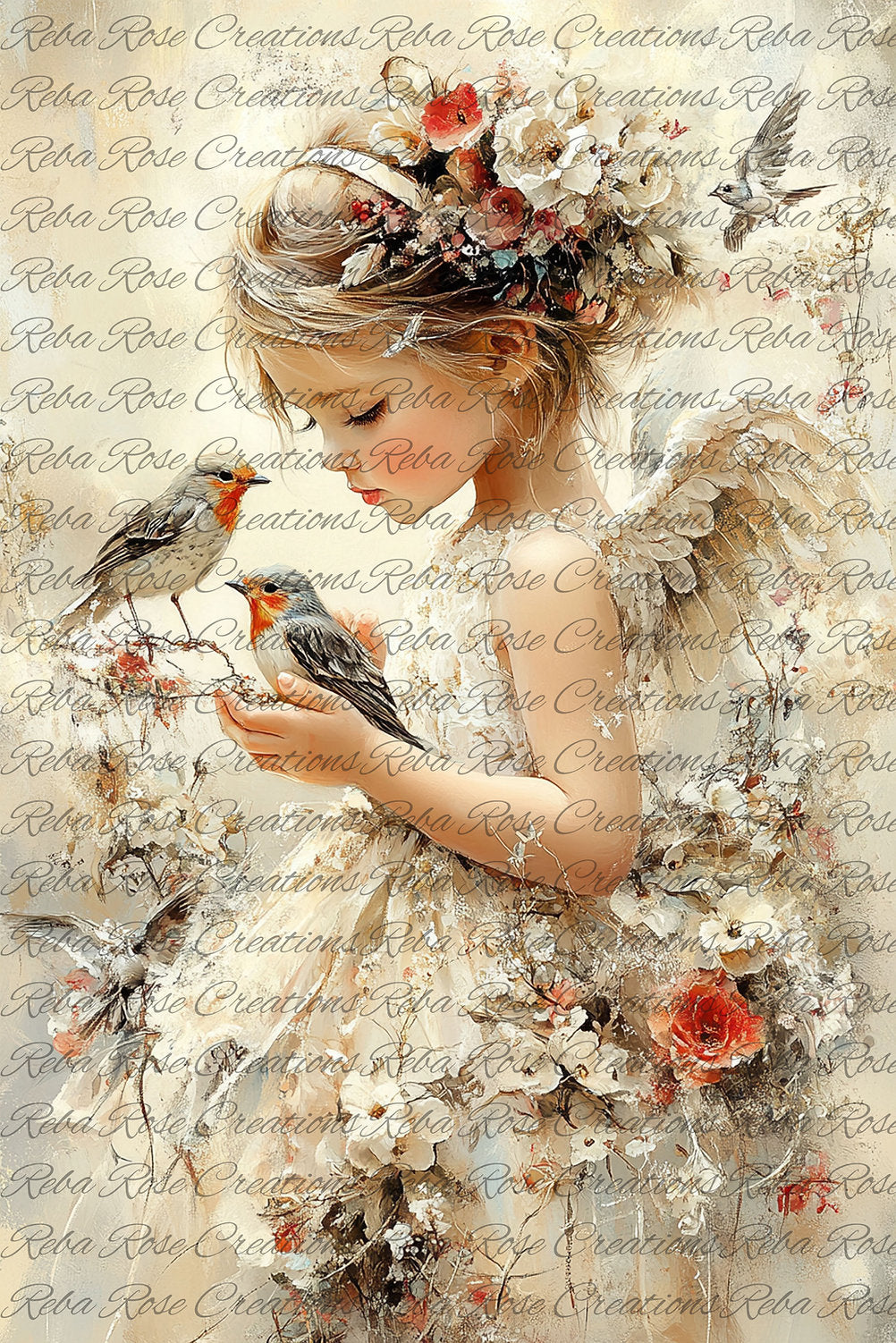 Reba Rose Creations, Rice Paper, Decoupage, Mixed Media, Fairy, Girl, Angel, Birds, Roses, Shabby Chic, 1745, A4 8.27 X 11.6