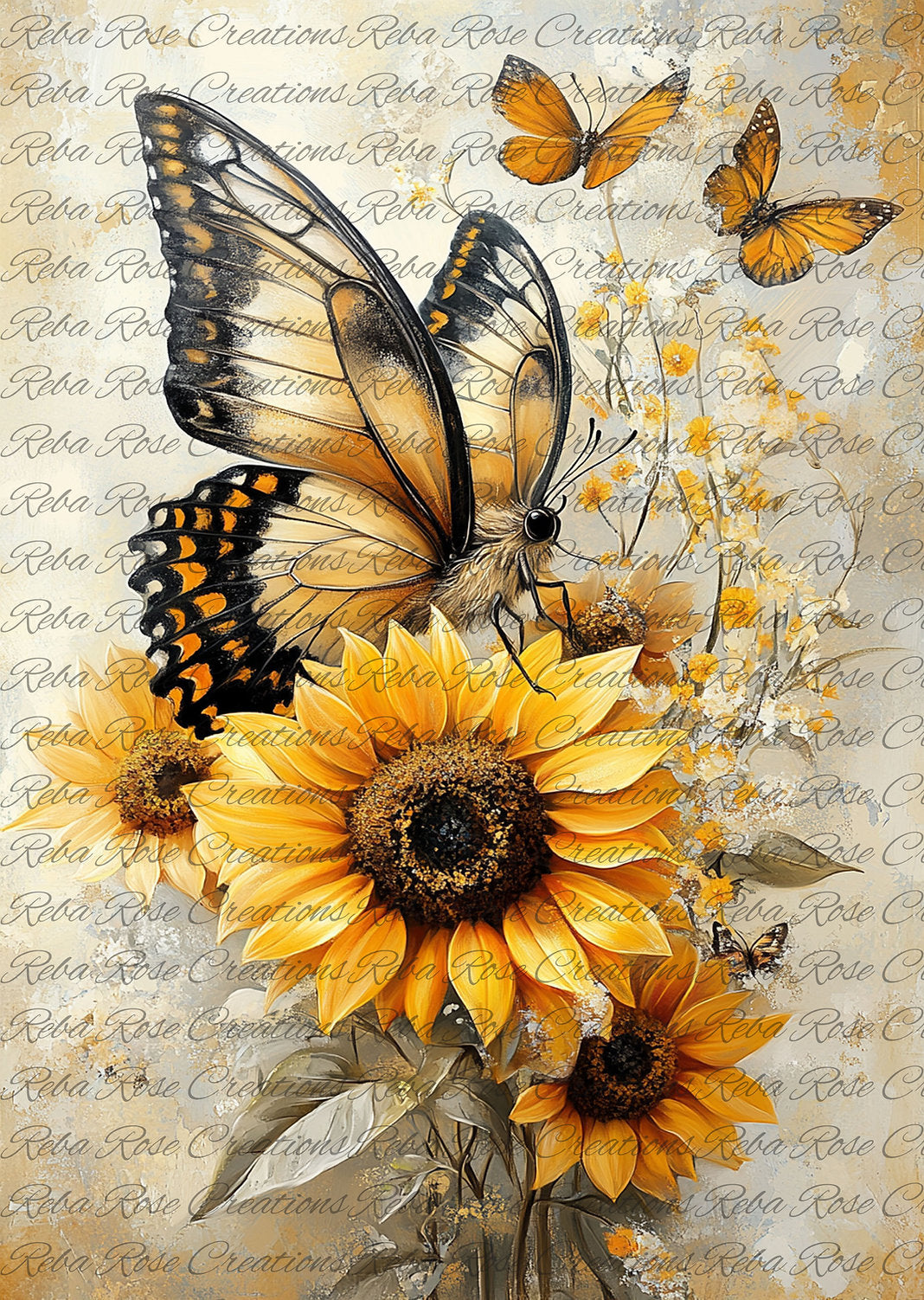Reba Rose Creations, Rice Paper, Decoupage, Mixed Media, Sunflower, Butterflies