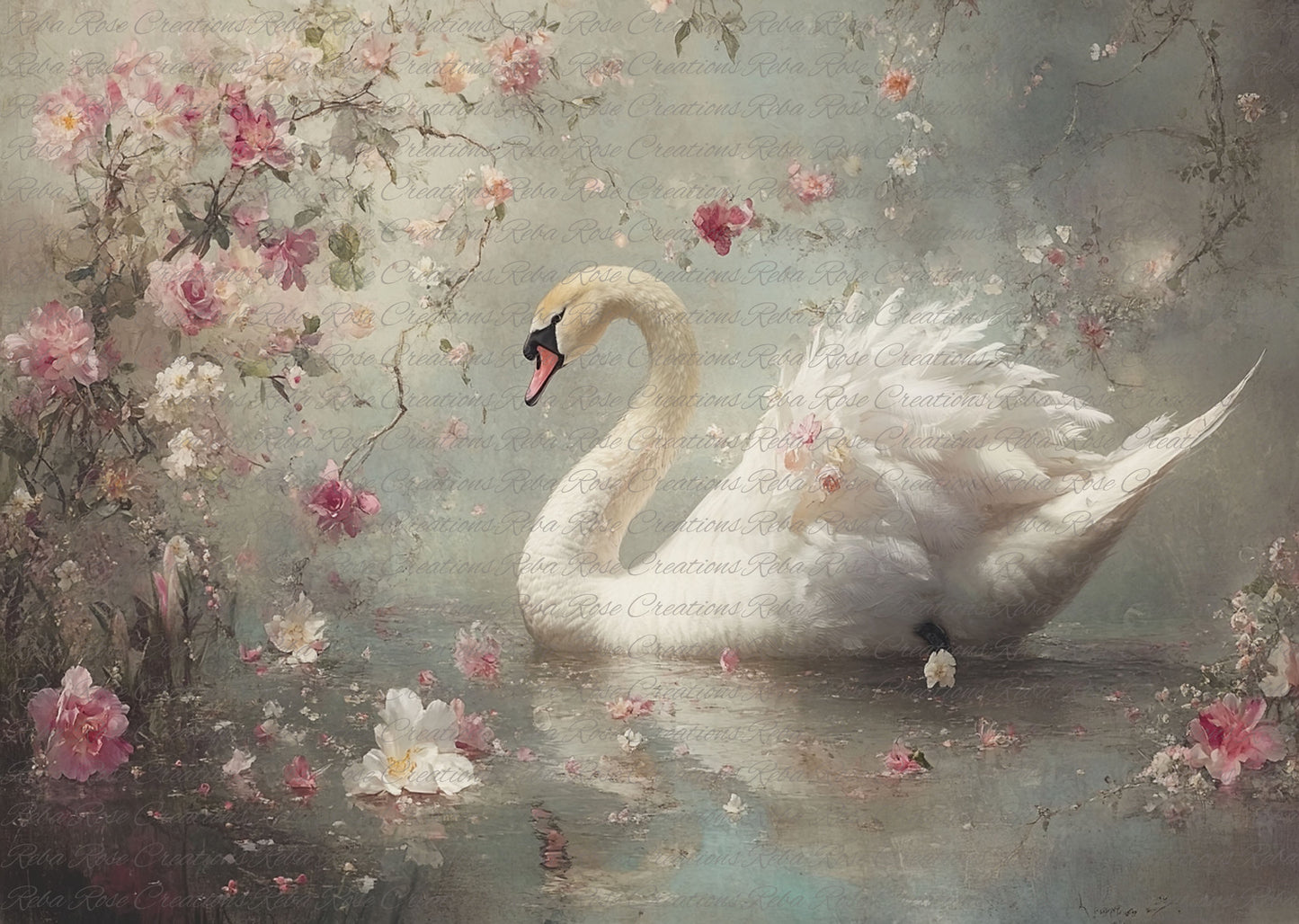 Reba Rose Creations, Rice Paper for Decoupage, Mixed Media, Floral, Swan, Shabby Chic