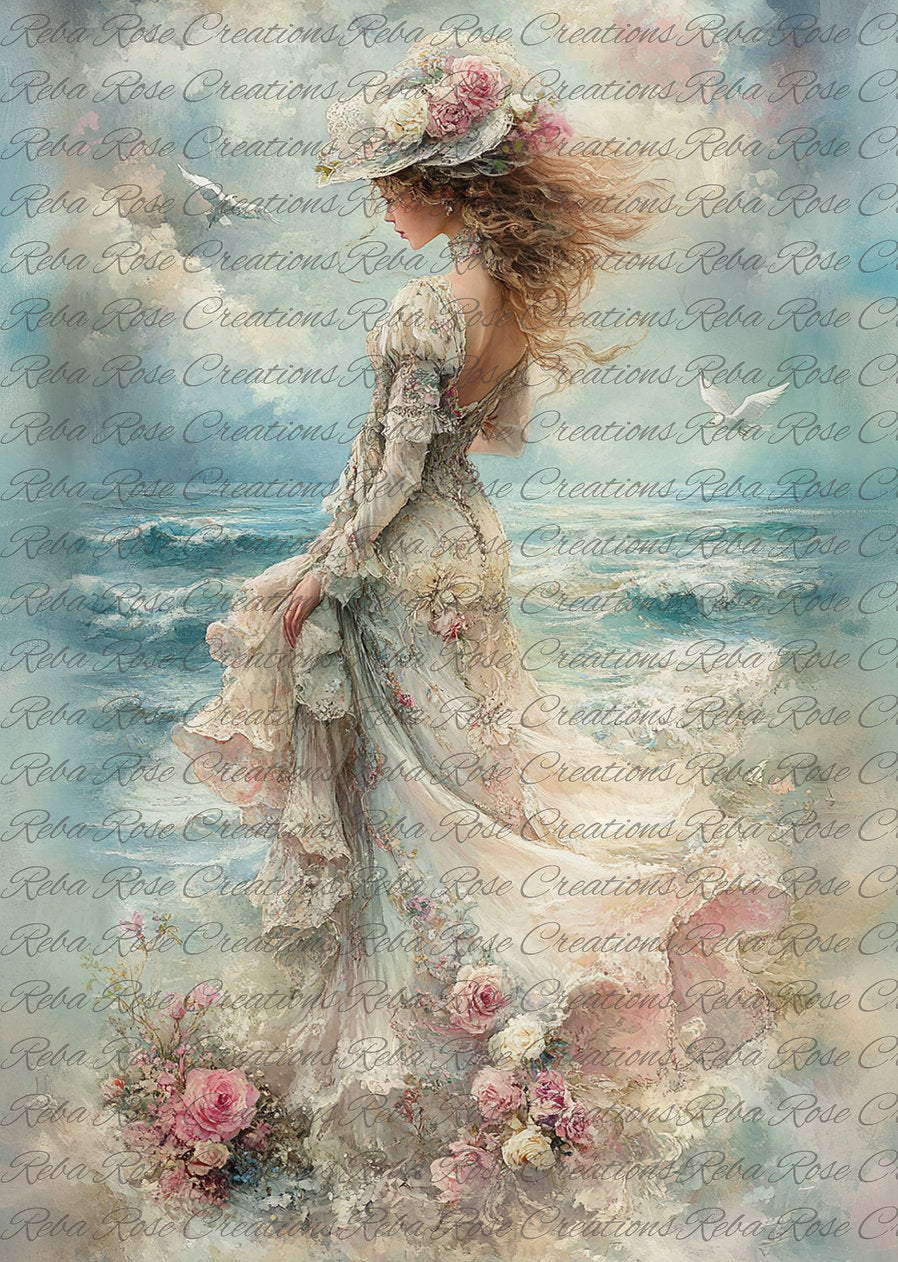 Reba Rose Creations, Rice Paper for Decoupage, Mixed Media, Lady by the Sea, Roses, Birds, A4 8.27 X 11.6