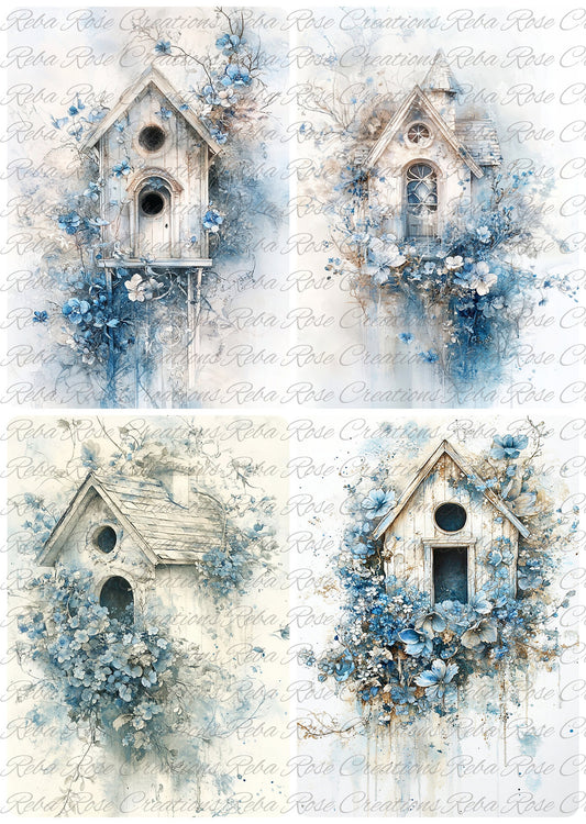 Reba Rose Creations, Rice Paper for Decoupage, Mixed Media, Bird Houses, Blue Flowers, Squares, Shabby Chic, 1771,  A4 8.27 X 11.6