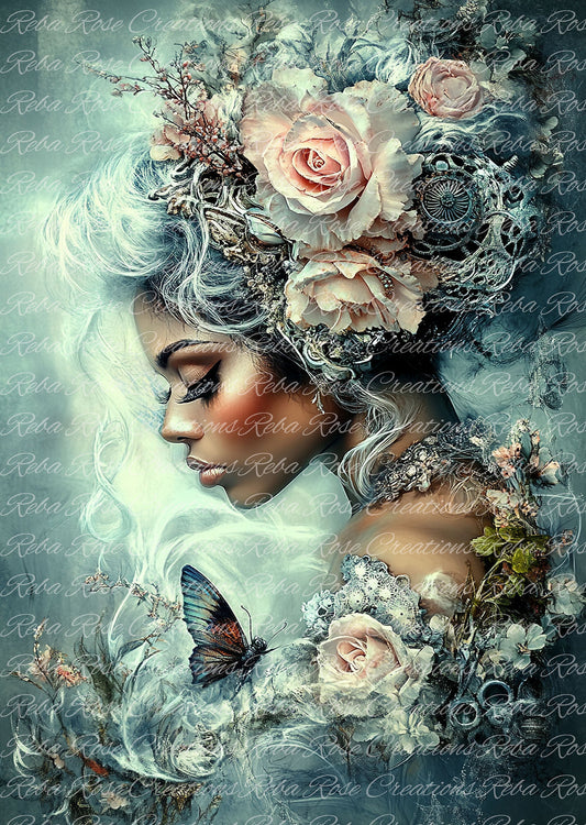 Reba Rose Creations, Rice Paper for Decoupage, Mixed Media, Elegant, Steampunk, Black Beauty Woman, Lady, Floral, A4 8.27 X 11.6