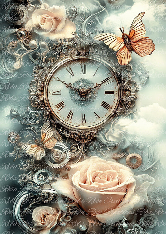 Reba Rose Creations, Rice Paper for Decoupage, Mixed Media, Clock, Pink Roses, Steampunk, Shabby Chic, A4 8.27 X 11.6