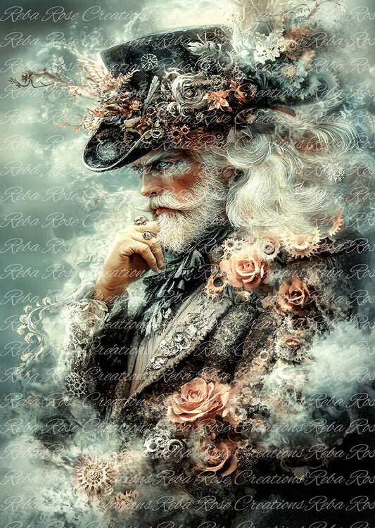 Reba Rose Creations, Rice Paper for Decoupage, Mixed Media, Elegant, Steampunk, Gentleman, Man, Floral, Roses, A4 8.27 X 11.6