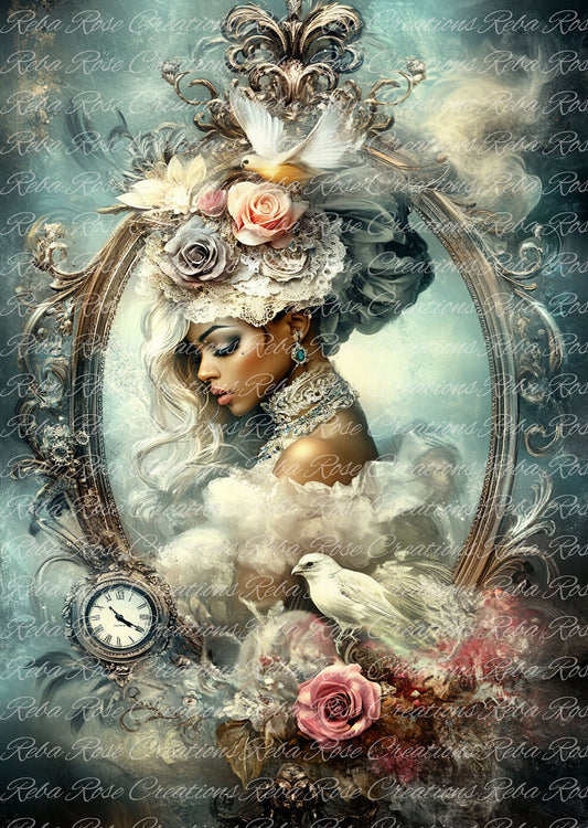 Reba Rose Creations, Rice Paper for Decoupage, Mixed Media, Framed Woman Portrait, Floral, Shabby Chic, A4 8.27 X 11.6