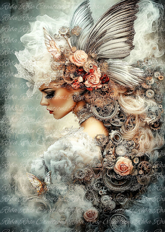 Reba Rose Creations, Rice Paper for Decoupage, Mixed Media, Elegant, Steampunk, White Beauty Woman, Lady, Floral, A4 8.27 X 11.6