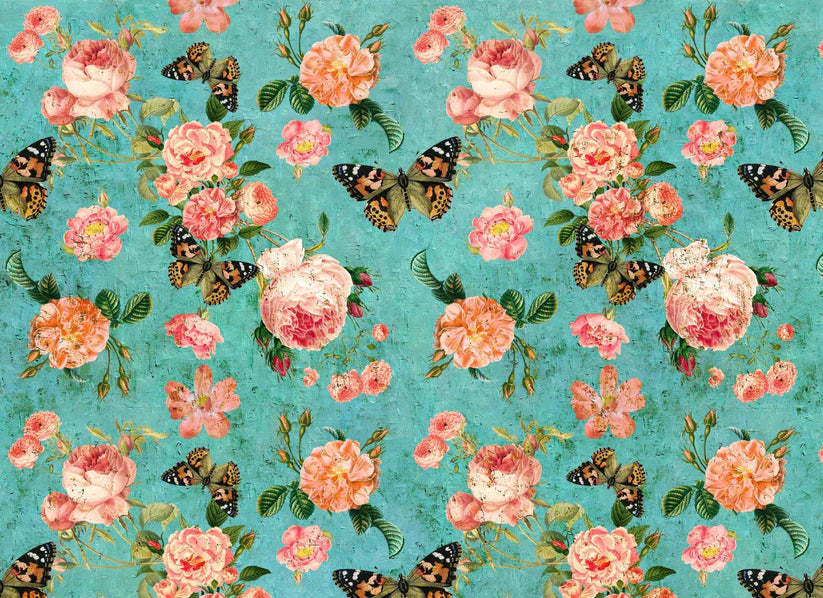 Roycycled Decoupage Tissue Paper, Patina Roses, Butterflies, Vintage Style Background, 20" x 30"