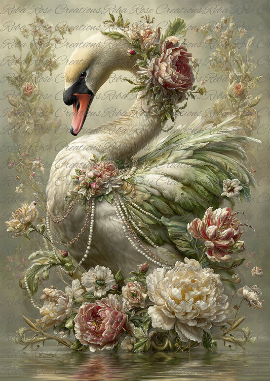 Reba Rose Creations, Rice Paper for Decoupage, Swans, Victorian, Flowers, Once Upon a Time, Shabby Chic, Mixed Media, 2143, A4, 8.27 X 11.6