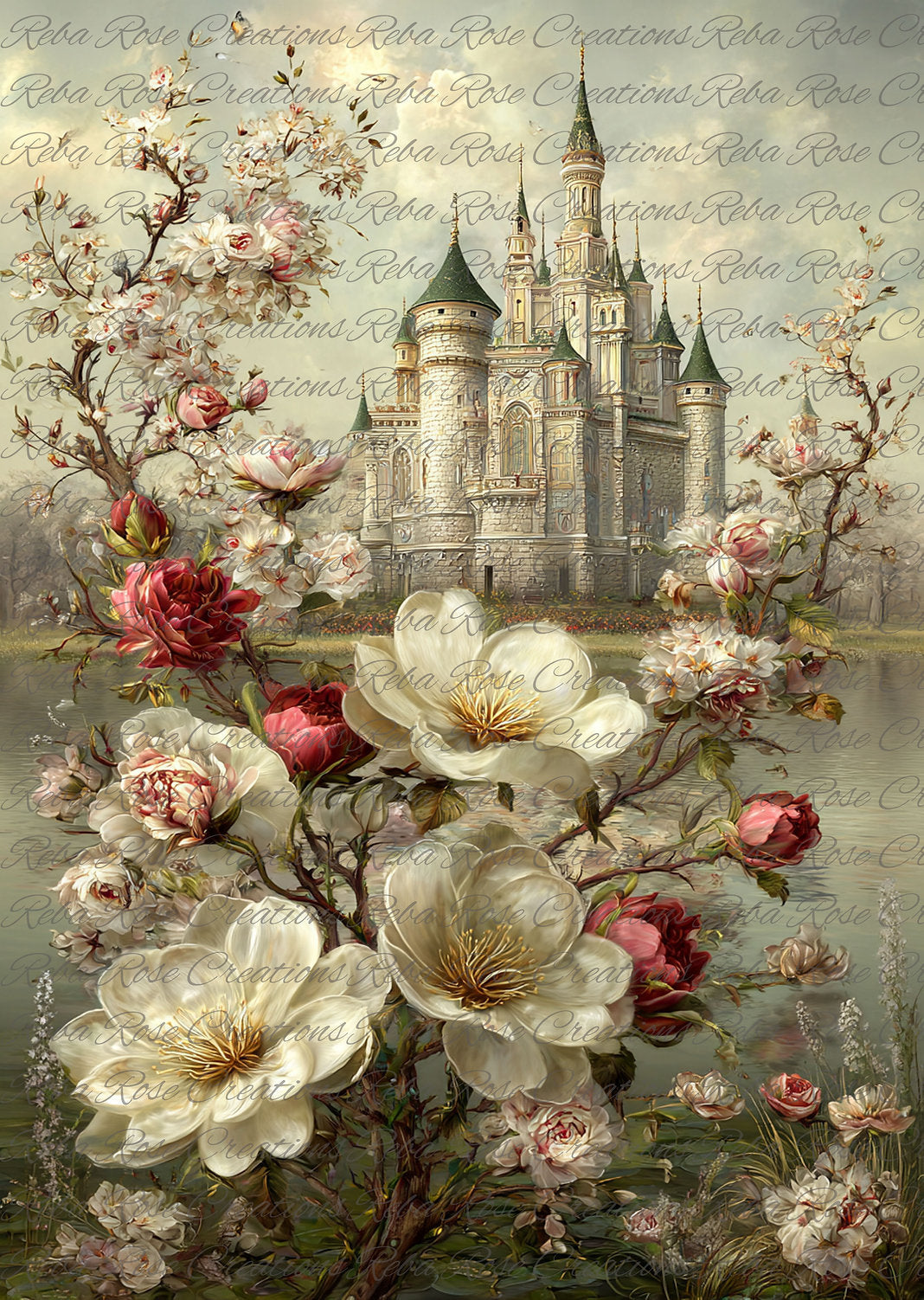 Reba Rose Creations, Rice Paper for Decoupage, Castle Floral, Flowers, Once Upon a Time, Shabby Chic, Mixed Media, 2152, A4, 8.27 X 11.6