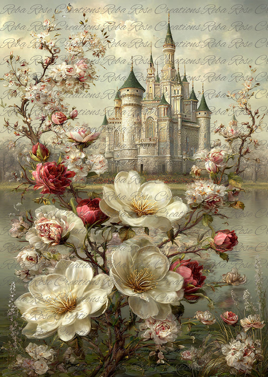 Reba Rose Creations, Rice Paper for Decoupage, Castle Floral, Flowers, Once Upon a Time, Shabby Chic, Mixed Media, 2152, A4, 8.27 X 11.6