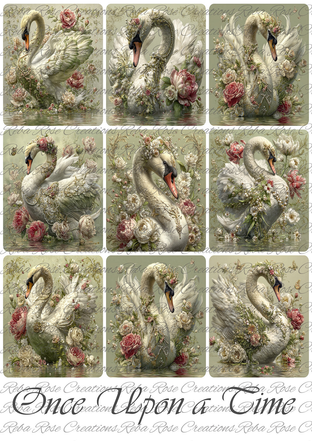 Reba Rose Creations, Rice Paper for Decoupage, Mini Swans, Squares, Once Upon a Time, Shabby Chic, Mixed Media, 2154, A4, 8.27 X 11.6