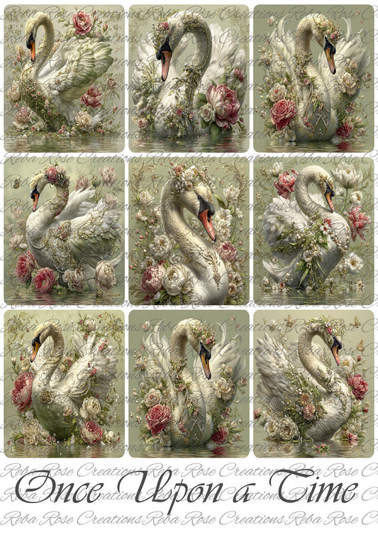 Reba Rose Creations, Rice Paper for Decoupage, Mini Swans, Squares, Once Upon a Time, Shabby Chic, Mixed Media, 2154, A4, 8.27 X 11.6